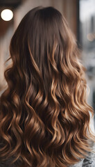 Naklejka premium A detailed background of flowing, wavy hair in brown tones. The focus is on the textured and patterned waves that make up the hairstyle.