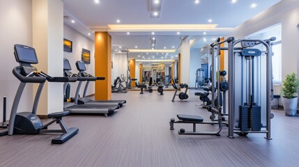 Fototapeta premium Modern gym interior with exercise equipment and open space for fitness activities.