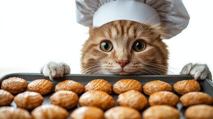 cat in chef hat presenting tray of freshly baked treats, looking curious and playful