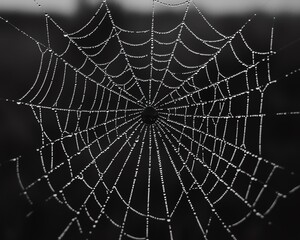 Intricate spider web adorned with dewdrops, showcasing nature's delicate artistry in black and white.