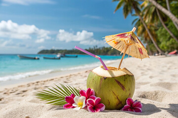 Tropical coconut cocktail with a straw and exotic flowers