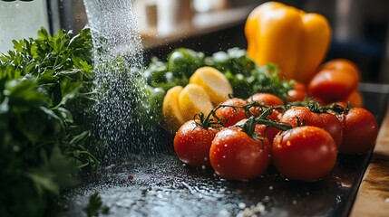 Fresh vegetables, including tomatoes and bell peppers, being washed in a bright kitchen.
