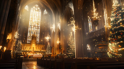 Fototapeta premium A Christmas Day service in a grand cathedral with sunlight illuminating the altar and stained glass windows.