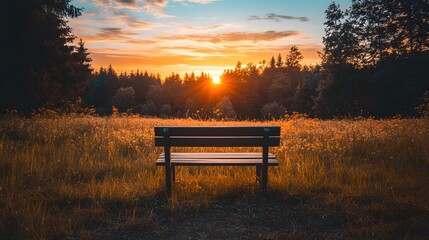 A tranquil sunset view from a wooden bench in a serene forest setting.