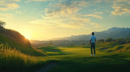 Man on Golf Course at Sunset
