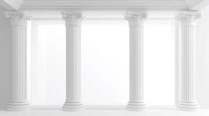 A minimalist interior featuring four white columns against a bright background.