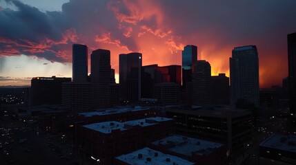 Fototapeta premium Vibrant Cityscape at Sunset: Skyscrapers Silhouetted Against Fiery Sky
