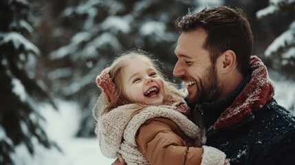 Obraz premium A joyful father-daughter moment in a snowy forest.