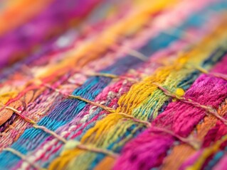 Obraz premium A vibrant close-up of woven fabric showcasing colorful threads and intricate patterns.