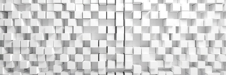 Randomly arranged white cube boxes creating a modern and abstract background with copy space, banner, background, design