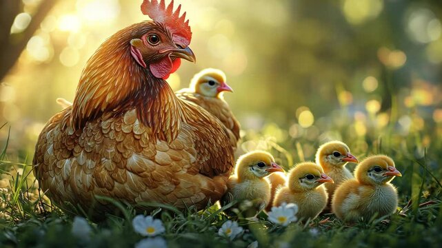 A mother hen and her chicks are nestled in the grass with the sun shining down on them.
