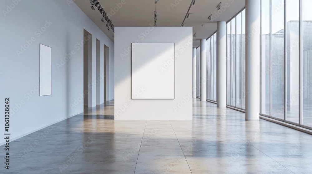 Aufkleber a minimalist art gallery with empty frames and large windows allowing natural light.