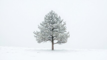 A solitary tree stands in a snowy landscape, surrounded by a misty, white atmosphere.