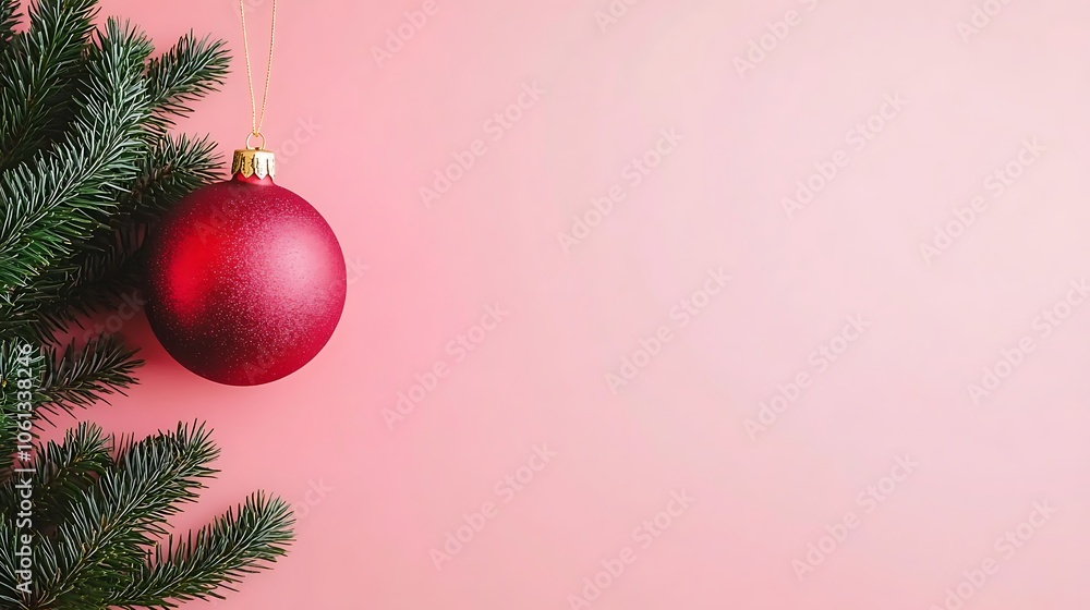 Aufkleber red christmas ornament hanging on pine branch subtle blur background with space for custom text