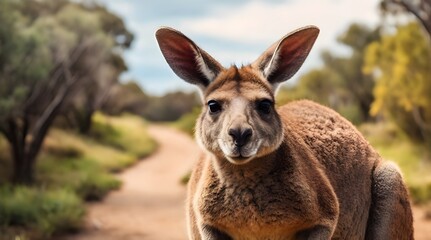 Fototapeta premium A kangaroo is standing on the path Closeup.generative.ai