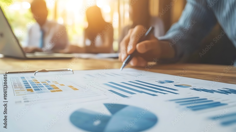 Poster business people analyzing charts and graphs plain textured background for web design and copy