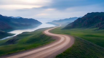 Naklejka premium A scenic mountain road winding through lush green valleys and under a blue sky, perfect for summer drives in the countryside