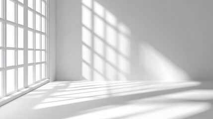 Fototapeta premium A minimalist interior with sunlight casting shadows on a blank wall.