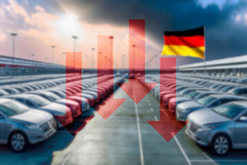 Parkplatz mit Neuwagen vor einer deutschen Autofabrik und Symbol f&uuml;r eine Krise in der deutschen Autoindustrie