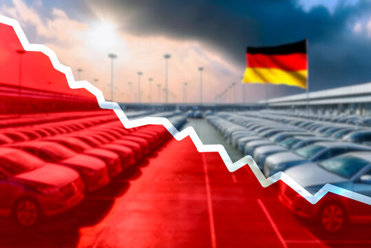 Parkplatz mit Neuwagen vor einer deutschen Autofabrik und Symbol f&uuml;r eine Krise in der deutschen Autoindustrie