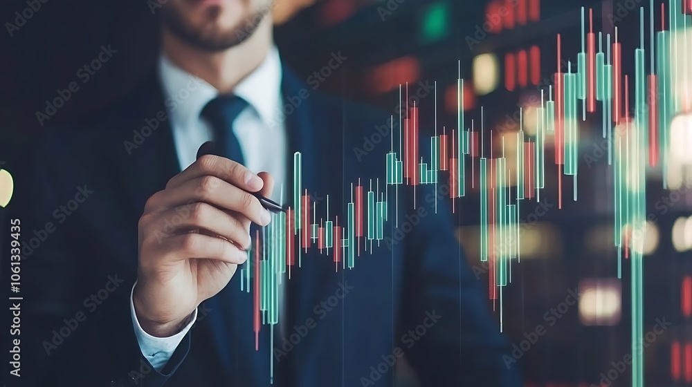 Aufkleber businessman analyzing financial data plain textured background for web design and copy