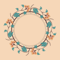 Ethnic Ikat Pattern, Circle Frame Surrounding Flowers And Leaves, Cream Pastel Colors, Vector Illustration, For Decoration And Illustration.