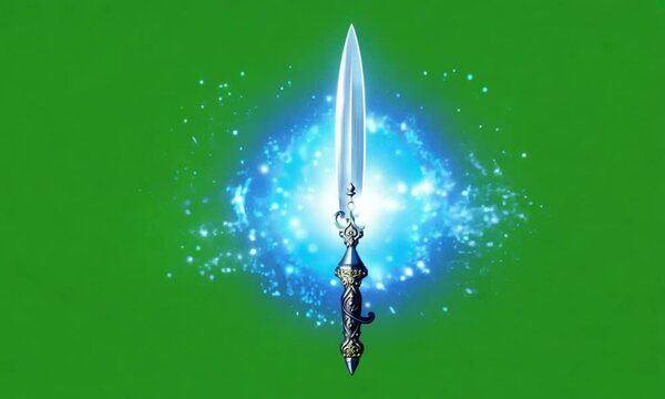 Magical metal Dagger Hovering with Swirling Blue Energy and Sparkles on Green Screen