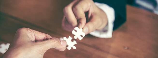Banner Implement puzzle improve hand holding together solve synergy organize team connection plan...