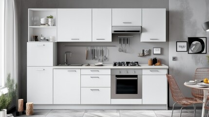 Fototapeta premium Modern white kitchen with sleek cabinets and appliances for cooking and dining.