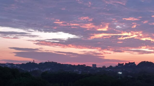 malaysian mosque Masjid Sultan Salahuddin Abdul Aziz Shah during beautiful sunrise aerial shot
