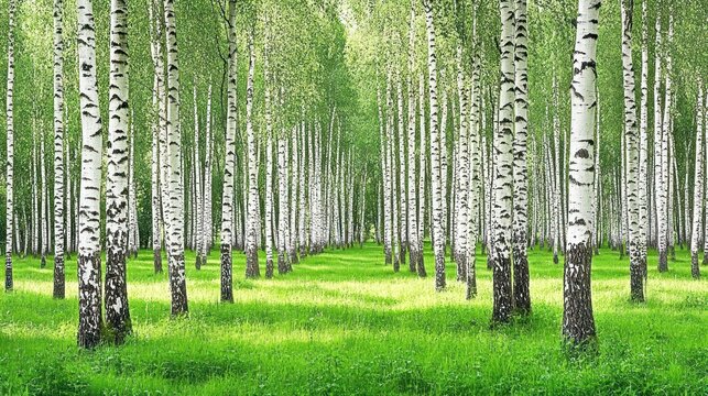 A serene forest of birch trees surrounded by lush green grass.