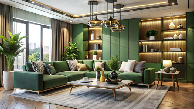 modern interior of a green theme luxury living room