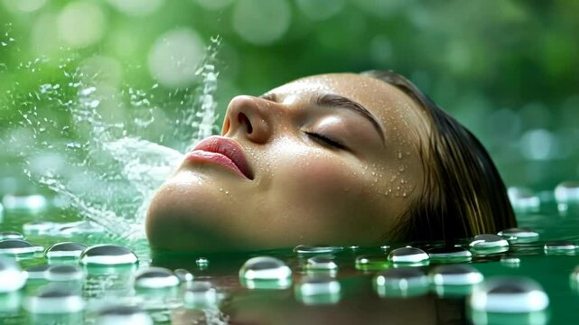 A woman with closed eyes floats in a pool of water with water drops falling from above.
