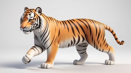 Fototapeta premium Adorable 3D tiger character, white background, cartoon style.