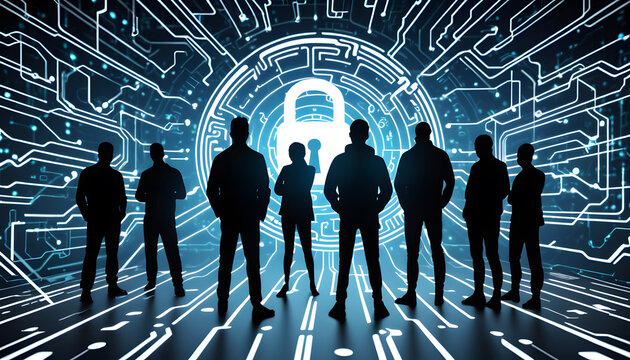 Silhouettes of people standing in a digital environment with a padlock symbol, representing cybersecurity and data protection.