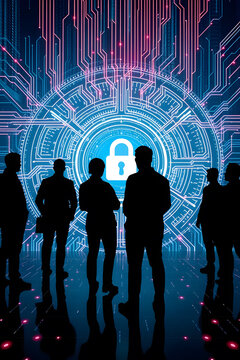 Silhouettes of people standing in a digital environment with a padlock symbol, representing cybersecurity and data protection.