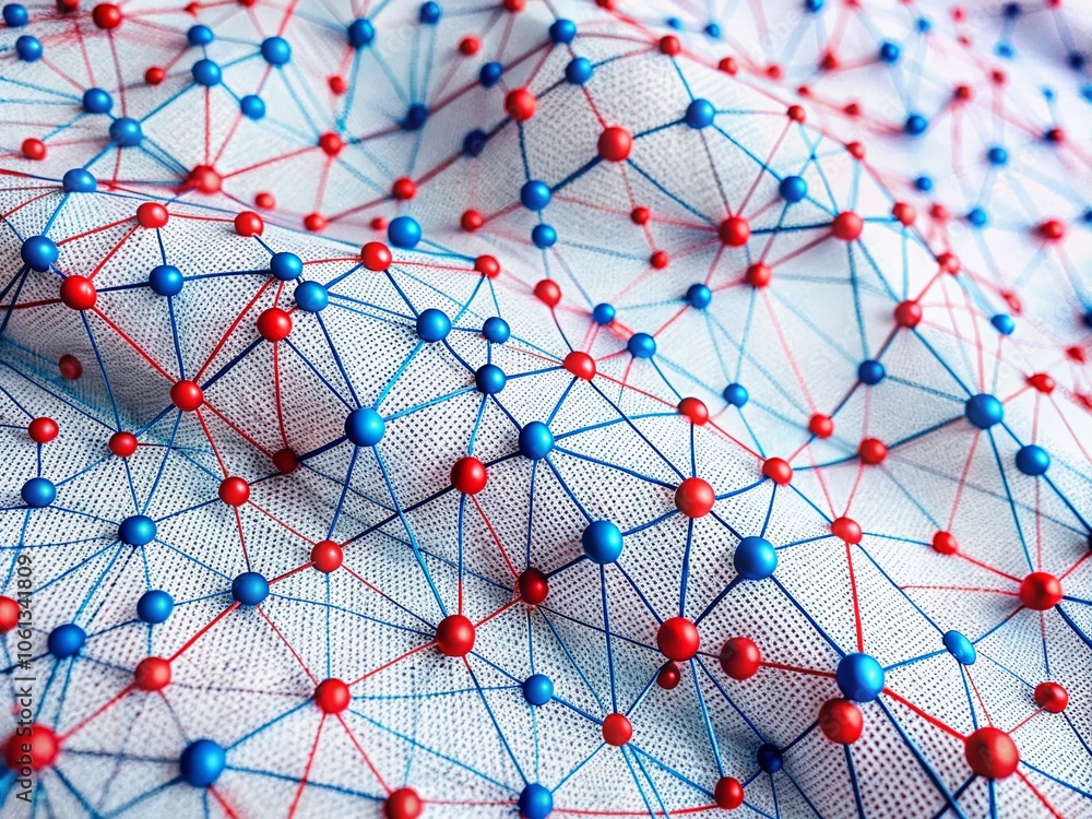 Poster abstract aerial photography of technology with red and blue dashed lines overlapping on a white back