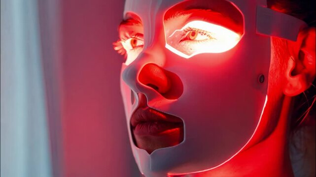 Woman wearing led microcurrent face mask with red glow for advanced skin care and beauty treatments, rejuvenation