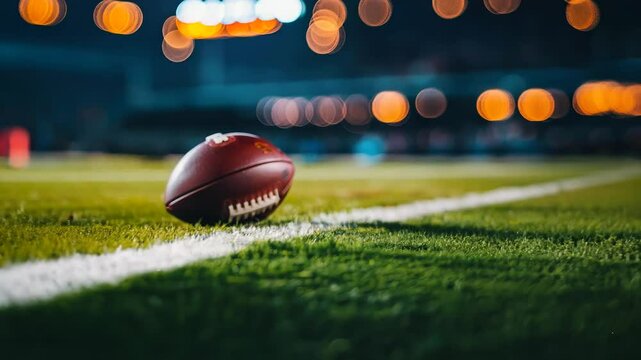 Close-up of a leather American football on a green grass field with a white line and stadium lights in the background.