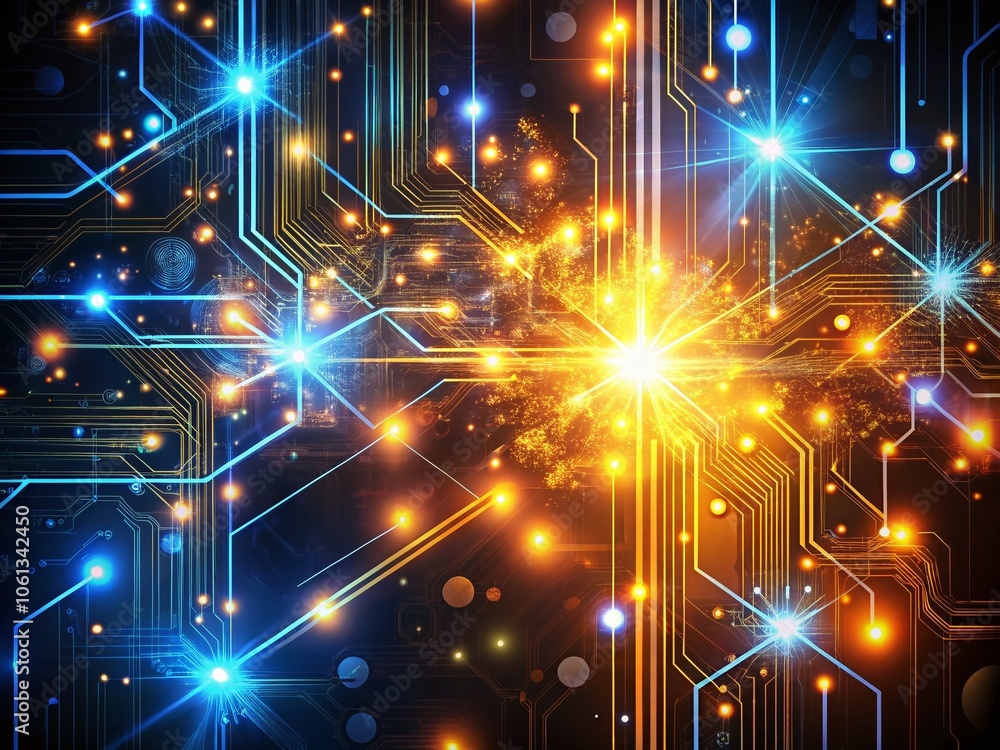 Poster abstract digital technology background with glowing circuits and sparkling particles in dark environ