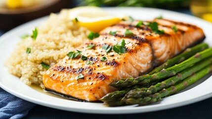 Delicious grilled salmon served with asparagus and quinoa, garnished with lemon and herbs for a healthy meal.