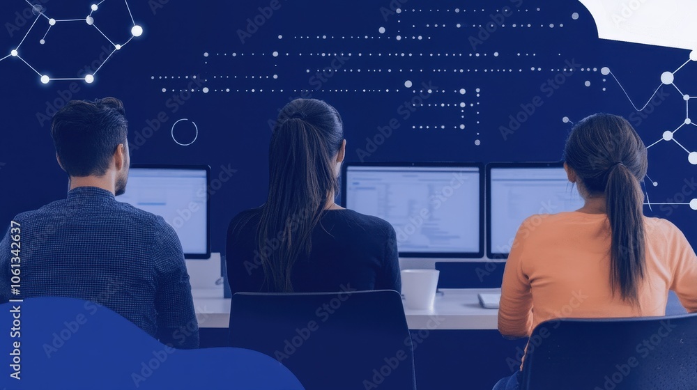 Poster technology team collaborating in data analytics control room