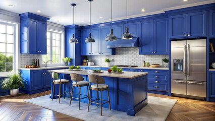 interior of a blue theme luxury home kitchen