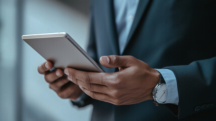 businessman in the suit is using a computer tablet