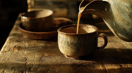 A rustic ceramic teapot pours coffee into a mug on a wooden table.