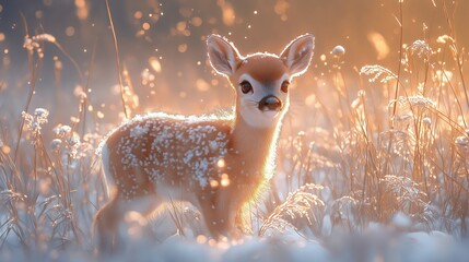 Cute baby deer in the snow surroundings background