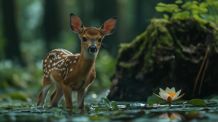 White tailed deer fawn standing in the forest 