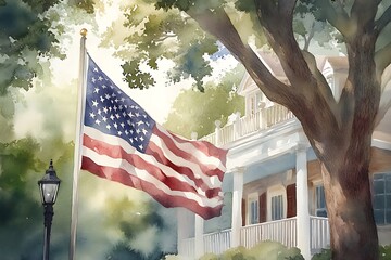 Traditional American house. United States of America flag. 