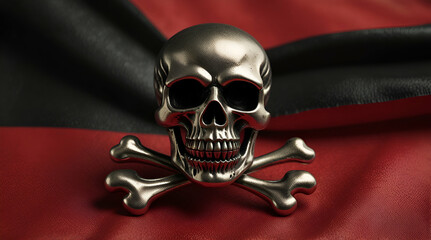 metallic skull pirate pin on a waving red and black flag hacker emblem death danger symbol,generative.ai