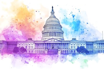 United States Capitol Building illustration, watercolor stain background